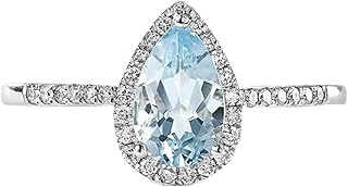 Aquamarine Engagement Rings 9K/14K/18K Gold, Classic Teardrop Halo Ring Women Wedding Band with Pear Aquamarine 0.7ct and Pave Diamonds White Gold Personalized
