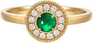 Yellow Gold Emerald Wedding Ring 9K/14K/18K, Elegant Round Pave Halo Ring for Her, Engagement Bands with Natural Emerald 0.2ct and Diamonds Real Gold Personalized