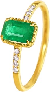 9K/14K/18K Yellow Gold Emerald Promise Ring for Women, Elegant Thin Rectangular Gemstone Ring Gold Engagement Rings with Natural Emerald 0.5ct and Pave Diamonds Personalized