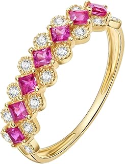 Yellow Gold Ruby Promise Rings 9K/14K/18K, Classic Lace Pavé Three Row Ring Women Engagement Band with Princess Natural Ruby and Diamonds Gold Personalized