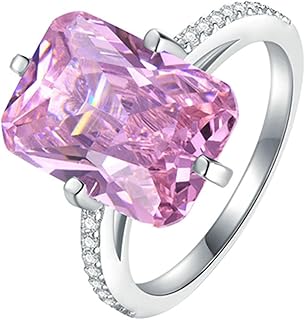 Engagement Ring Womens Promise Rings, 18K White Gold Wedding Ring for Women Luxury Half Eternity Rectangular Pink Lab Created Sapphire 8ct and Moissanite Rings White Gold