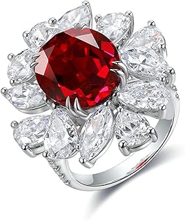 Wedding Ring Promise Rings for Women, 18K White Gold Engagement Rings for Women Luxury Flower with 8.8ct Oval Lab Created Ruby and Moissanite Ring White Gold