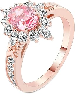 Wedding Ring Engagement Rings for Women, 18K Rose Gold Promise Rings for Her Women Flower with 1ct-3ct Oval Lab Created Pink Sapphire and Moissanite Ring Rose Gold