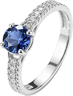 MRENITE Gold 0.5 CT 5 MM Round Cultivated Blue Sapphire Pavé Band Ring for Women Engagement Wedding Perfect for Valentine's Day Jewelry Fine Ring VVS Size 4-12 Customized Sliver 10K 14K 18K