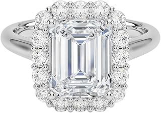 IGI Certified 1-5 Ct Emerald Cut Lab Grown Diamond Ring – 10K/14K/18K Solid Gold, 925 Sterling Silver & 950 Platinum | Lotus Flower Halo Engagement Ring for Women