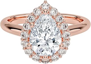 IGI Certified 1-5 Ct Pear Cut Lab Grown Diamond Ring – 10K/14K/18K Solid Gold, 925 Sterling Silver & 950 Platinum | Lotus Flower Halo Engagement Ring for Women