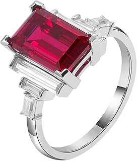 Engagement Ring Promise Rings for Women, 18K White Gold Wedding Rings for Women Elegant 1ct-3ct Rectangular Lab Created Ruby and Moissanite Ring White Gold