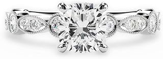 1-5 Carat, EF-VS IGI Cushion Cut Lab Grown Diamond Solitaire MIlgrain Design Vintage Style Band Engagement Ring In 14k White Yellow Rose Gold For Women
