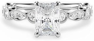 1-5 Carat, EF-VS IGI Radiant Cut Lab Grown Diamond Solitaire MIlgrain Design Vintage Style Band Engagement Ring In 14k White Yellow Rose Gold For Women