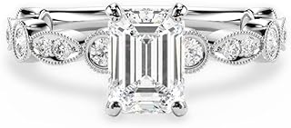 1-5 Carat, EF-VS IGI Emerald Cut Lab Grown Diamond Solitaire MIlgrain Design Vintage Style Band Engagement Ring In 14k White Yellow Rose Gold For Women