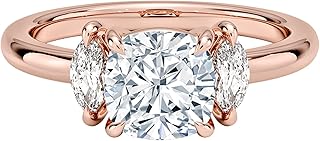 0.5–5 CT Cushion Cut Lab Grown Diamond Engagement Ring with Marquise Side Diamonds, E–F Color VVS2 Clarity, 10K 14K 18K Solid Gold Three-Stone Ring, Proposal & Christmas hookup Gift for Women