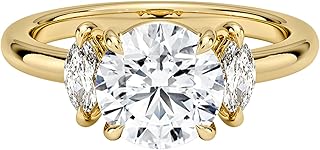 0.5–5 CT Round Cut Lab Grown Diamond Engagement Ring with Marquise Side Diamonds, E–F Color VVS2 Clarity, 10K 14K 18K Solid Gold Three-Stone Ring, Proposal & Christmas hookup Gift for Women