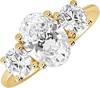 DEWBERRY Solid 14K Yellow Gold Oval Cut 6.00 Carat Lab Grown IGI CERTIFIED Diamond Three Stone Ring for Women | Round Cut Prong Set Wedding Engagement Ring (F-G Color VS Clarity)_Size 6