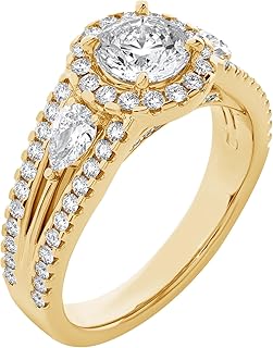 DEWBERRY 4.50 CT IGI Certified Lab Grown Diamond Round Cut Halo Engagement Ring for Womens | Side Accent Diamond Ring | Solid 14K Yellow Gold Anniversary Promise Ring (F-G Color VS Clarity)_Size 7.5